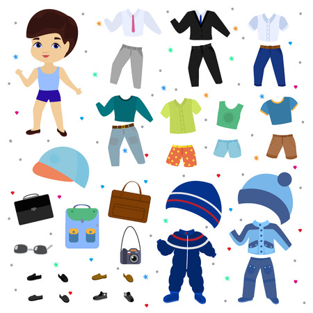 Paper doll vector boy dress up clothing with fashion pants or shoes illustration boyish set of male clothes for cutting cap or t-short isolated on white background.