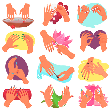 Manicure vector manicured hands and manicuring fingernails with nail file by manicurist in nail bar illustration set of beautiful mani with polish isolated on white background.