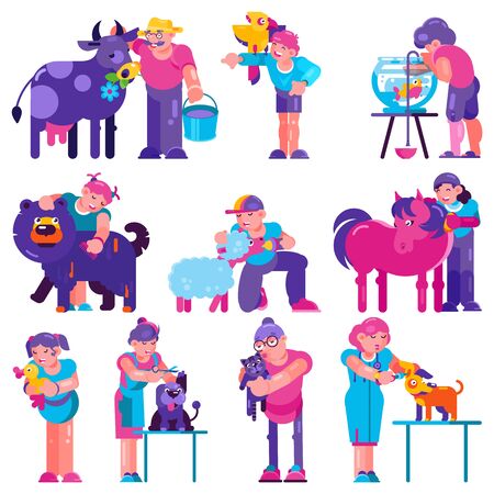 Animal care vector people brushing feeding dog puppy illustration of man woman and animalistic characters washing domestic animals sheep horse isolated on white background