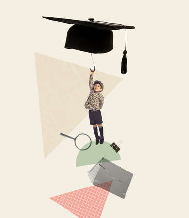 Contemporary Art Collage. Little Cheerful Boy In Vintage Costume Flying Up With Umbrella. Educational Success. Concept Of Childhood, Education, Creativity, Study, Homework. Retro Style. Poster, Ad