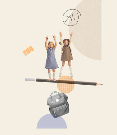 Contemporary Art Collage. Little Girls, Children Standing On Pencil, Studying Math. Getting Excellent Mark. Concept Of Childhood, Education, Creativity, Study, Homework. Retro Style. Poster And Ad