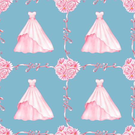 水彩のウェディング ドレスと青い背景に分離されたリボンはいシームレス パターン の写真素材 画像素材 Image