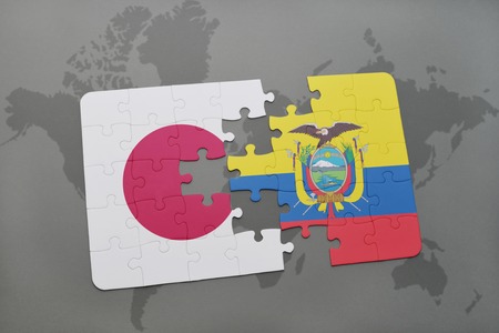 puzzle with the national flag of japan and ecuador on a world map background 3d