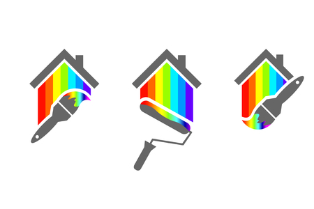 house painter logo design set with paint brush and roller house