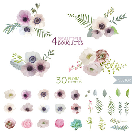 Flowers and Leaves - in Watercolor Style - vector Иллюстрация