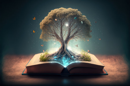 Open book with magical green tree and rays of light on wooden deck. generative and illustration