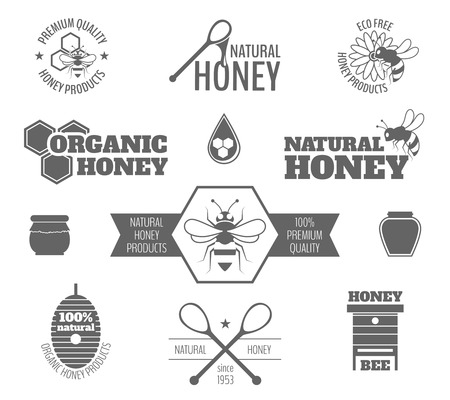 bee: Би качество меда премиум продукты черная метка набор изолированных векторные иллюстрации Иллюстрация