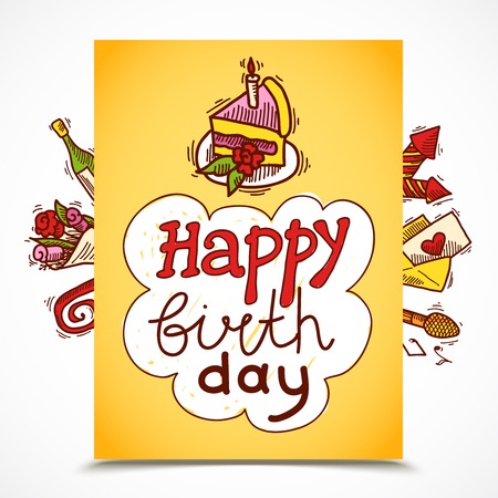 Joyeux Anniversaire Carte De Voeux D Esquisse Avec Le Titre Et Gateau Ballons Microphone Illustration Vectorielle Clip Art Libres De Droits Vecteurs Et Illustration Image