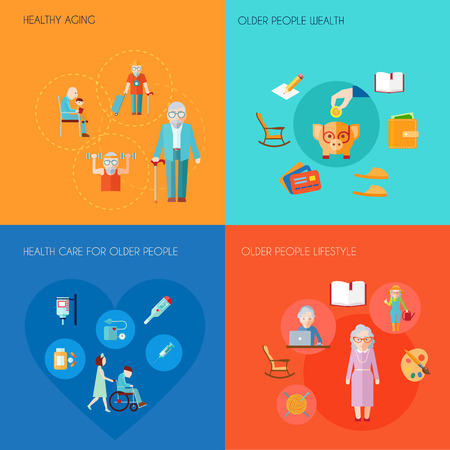 Senior lifestyle design concept set with healthy aging older people wealth old people health care flat icons isolated vector illustration Stock Vector - 37809140