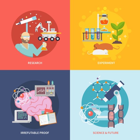 Science and research design concept set with experiment irrefutable proof future flat icons isolated vector illustration Stock Photo