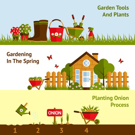 Gardening horizontal banners set with planting process plants and tools isolated vector illustration - 39261675