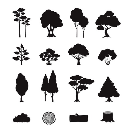 Forest elements black icons set with stump log trees isolated vector illustration Stock Photo