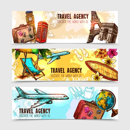 Travel Horizontal Banner Set With Sketch Landmarks And Vacation Elements Isolated Vector Illustration Travel Horizontal Banner Set With Sketch Landmarks And Vacation Elements Isolated Vector Illustration