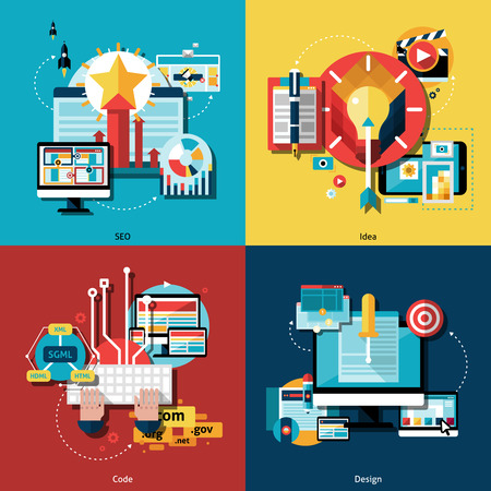 web design creative project and ideas icons set with web codes design and seo flat - Web Design Project Ideas web design creative project and ideas icons set with web codes design and seo flat - Web Design Project Ideas