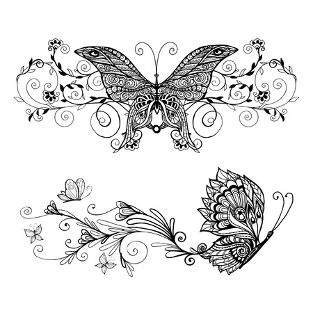 butterfly: bướm đơn sắc trang trí thiết lập với hoa trang trí cách ly minh họa véc tơ