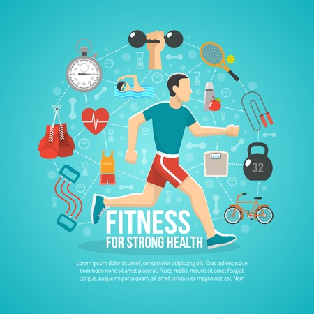 Fitness concept with running man and sports equipment vector illustration