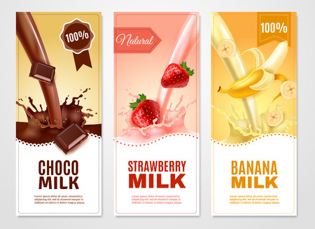 banana: sữa ngọt ngào biểu ngữ thực tế dọc thiết lập với choco chuối và dâu tây sữa cô lập minh họa véc tơ Hình minh hoạ
