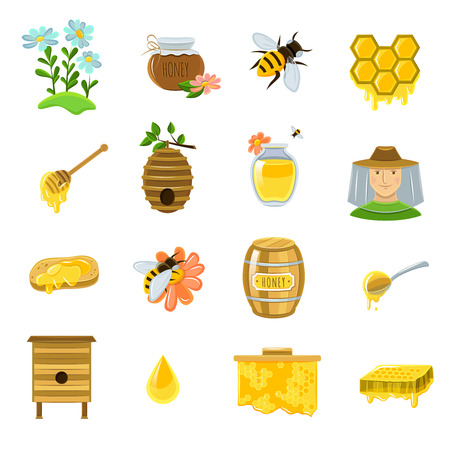 bee: Мед набор иконок с пчелами цветов и готовые изделия плоской изолированных векторные иллюстрации