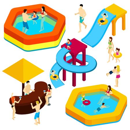 Water amusement park playground with slides and splash pads for family fun isometric banner abstract vector illustration Vector Illustration