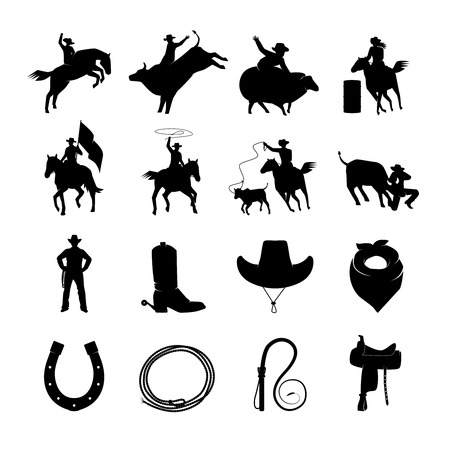 Rodeo Black Icons With Cowboys Silhouettes Riding On Bulls And Wild Horses Accessories Isolated