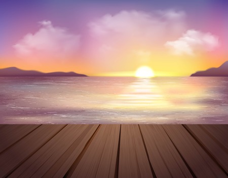 Sunset landscape vector: Cảnh với núi biển bến tàu và hoàng hôn trên bầu trời đầy màu sắc với những đám mây phim hoạt hình minh họa véc tơ
