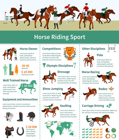Horse Rising Infographics Flat Layout With Rodeo Carriage Driving Dressage Vaulting Advertising Vector Illustration