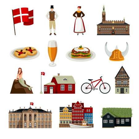 Denmark set of icons in flat style with architecture national flag clothing and cuisine isolated vector illustration