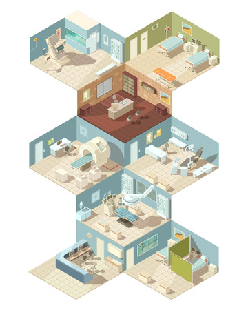 Hospital Indoors Isometric Design Concept Set Of Reception Ward Operating Room Cabinet Of Functional Diagnostics Interiors Vector Illustration