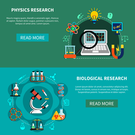 Horizontal banners set with natural science researches chemical experiments design concept flat vector illustration Stock Photo