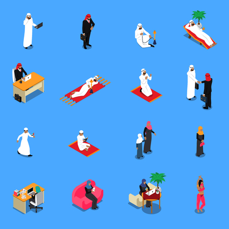 分離された青い背景ベクトル イラストの仕事やレジャー等尺性の中に伝統的な服でアラブ人を設定します のイラスト素材 ベクタ Image