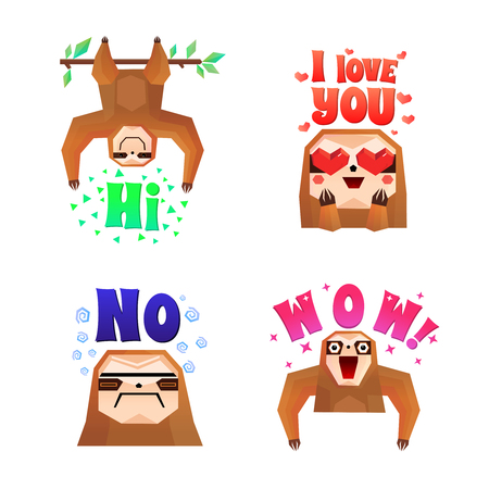 Sloth Funny Cartoon Character Icons Set With Wow Love No And Hi Colorful Letters Isolated Sloth Funny Cartoon Character Icons Set With Wow Love No And Hi Colorful Letters Isolated