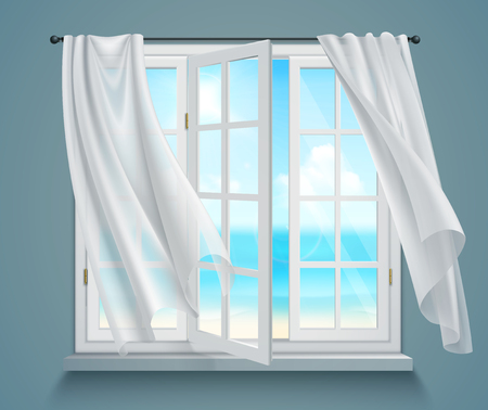 Open window with billowing white curtains and view on sea on blue grey background 3d vector illustration Vector Illustration