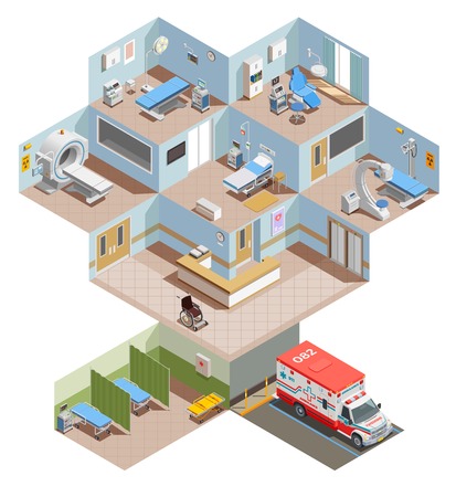 Medical Equipment Isometric Composition With Elevation View Of Hospital Center With Room Interiors And Health Facilities Vector Illustration