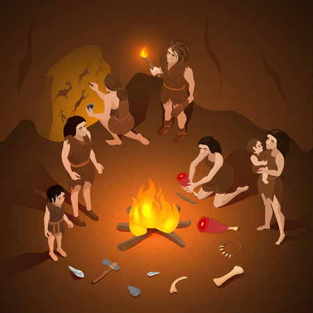 Primitive ancient people life isometric composition with roasting meat over fire and cave rock painting vector illustration Vectores