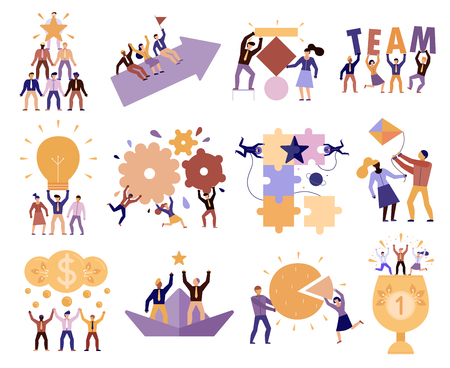 Effective teamwork in workplace 12 cartoon compositions of successful team members cooperation trust goals commitment vector illustration Vectores