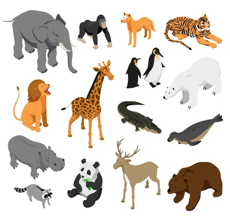 Herbivorous and predatory zoo animals set of isometric icons on white background isolated vector illustration Vector Illustration