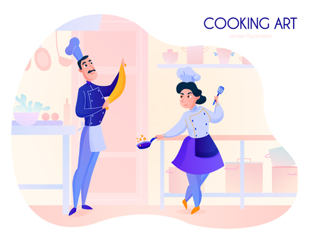 Two cooks working in restaurant kitchen cartoon vector illustration Vector Illustration