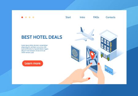 Isometric Hotel Concept Banner Web Site Landing Page Design With