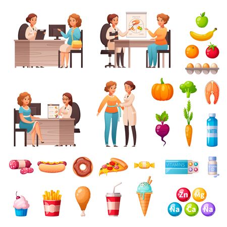 Icônes de dessin animé de recommandations diététiques nutritionnistes avec traitement de rendez-vous repas sains vitamines produits pour éviter l'illustration vectorielle