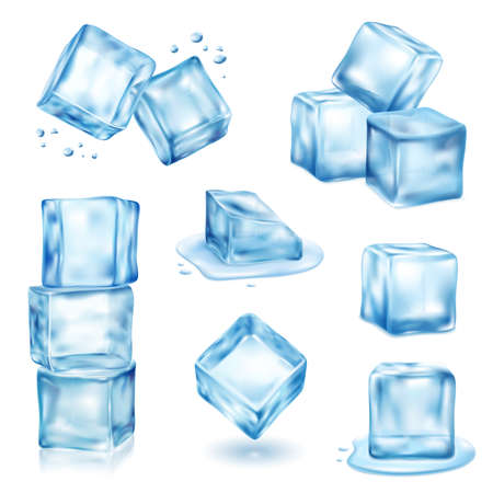 Cube de glace solide et fondant ensemble réaliste isolé illustration vectorielle Banque d'images