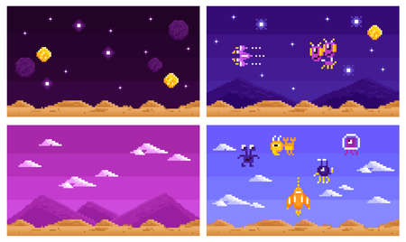 Arcade Computer Game Set Of Four Horizontal Compositions With 8bit Extraterrestrial Landscapes For Space Combat Game Vector Illustration