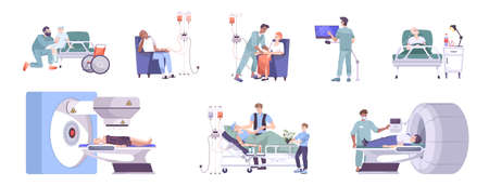 Opieka diagnostyczna onkologiczna 8 płaskich kompozycji ze skanerem mri chemioterapia i radioterapia dzieci na oddziale ilustracji wektorowych
