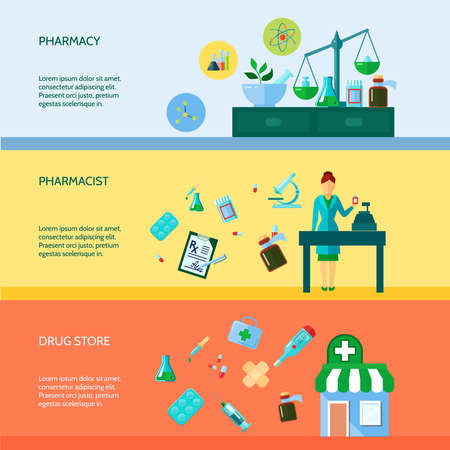 Three flat horizontal banner set with pharmaceutical attributes pharmacist and drugstore vector illustration Stock Photo