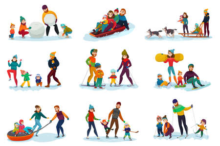 Winter recreation family set with snowballs ski and sleddogs symbols flat isolated vector illustration Фото со стока