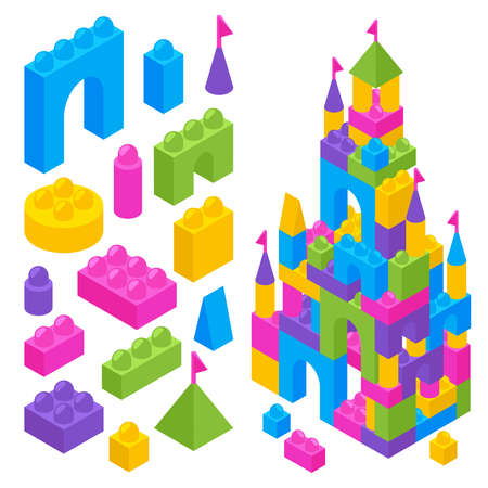 Children toy constructor isometric advertising composition with colorful building blocks and castle from plastic bricks vector illustration Stock Photo