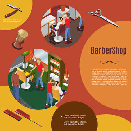 Isometric barber shop colorful template with hairdressers and customers interior objects razor scissors combs brush vector illustration