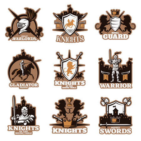 Knights colored emblems with shield and crossed weapon royal symbols armed fighters ancient castles isolated vector illustration