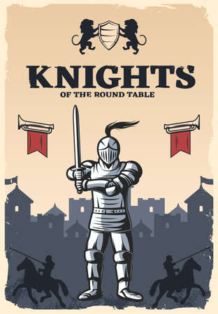 Knights of round table poster with armed and armored warrior on medieval castle background vector illustration