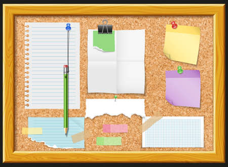 Cork Board And Note Papers Design With Pencil Clip And Tacks Photos On Black Background Vector Illustration