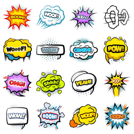 Comic colorful speech bubbles collection of different shapes with words expressions sound halftone and explosion effects isolated vector illustration Comic colorful speech bubbles collection of different shapes with words expressions sound halftone and explosion effects isolated vector illustration
